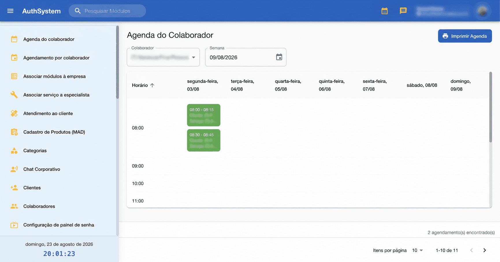 Agenda semanal do AuthSystem com dados pessoais permanentemente anonimizados