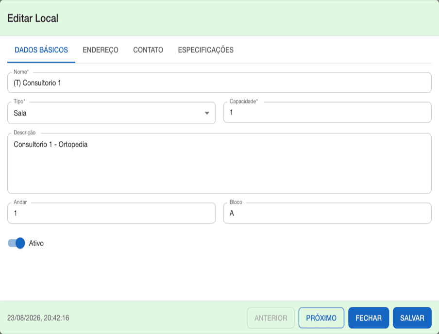 Tela do AuthSystem para configuração de local e consultório