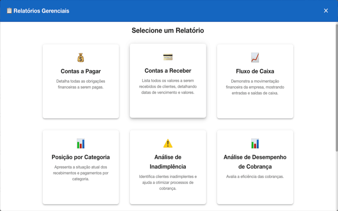 Tela do AuthSystem com relatórios gerenciais financeiros